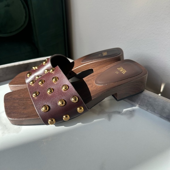 Zara Brown Studded Wooden Base Sandals Women’s Size 5 - Picture 6 of 9